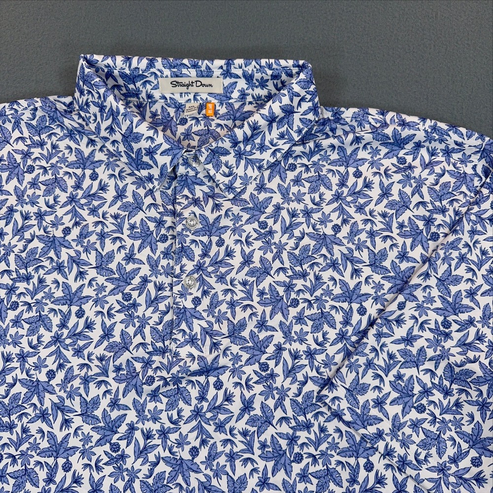 Straight Down Mens XXL Golf Polo Shirt Blue White Floral Leaf UPF 50 Performance